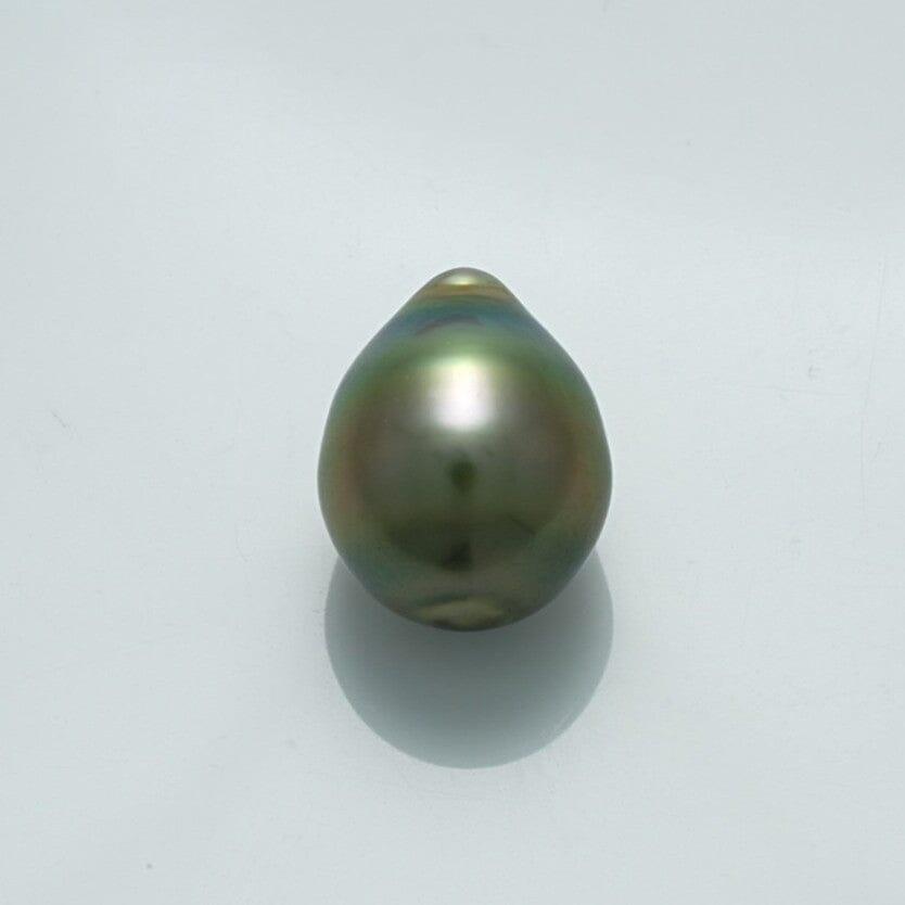 Single lustrous dark greenish 13.3 x 10.5 mm Fijian Drop Pearl with smooth surface and subtle iridescent hues on a neutral background.