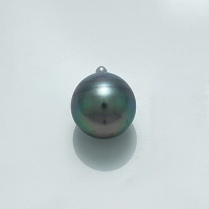 11.5 x 10.0 mm Fijian Drop Pearl with deep green and black overtones, showcasing a smooth, lustrous surface and a shimmering iridescent finish.