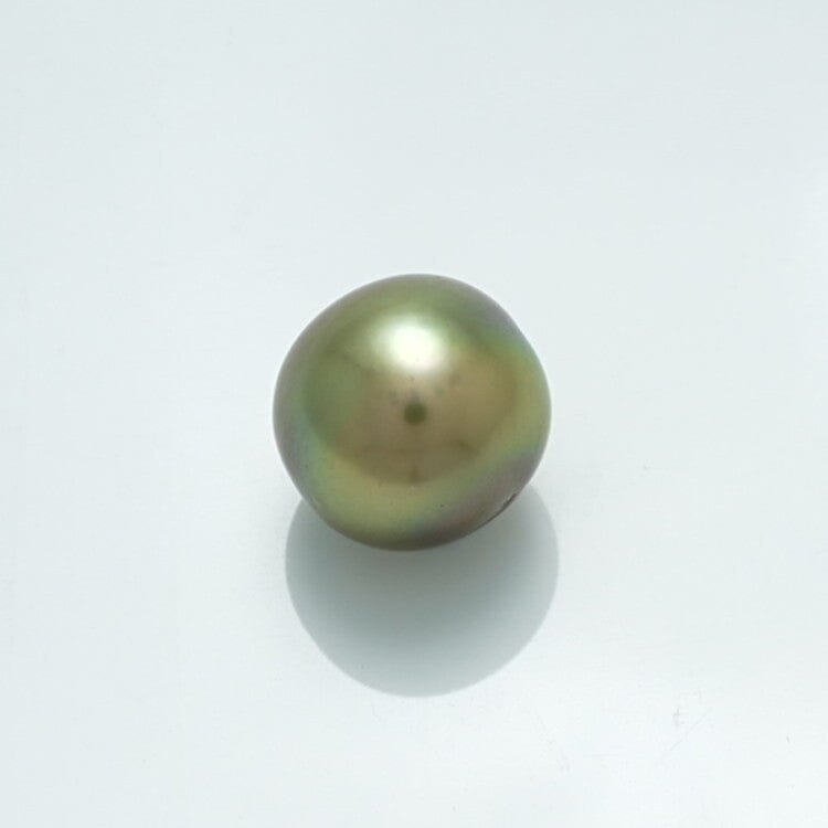 9.7 x 9.6 mm Fijian Round Pearl with a smooth, lustrous surface showcasing subtle green and gold tones on a clean white background.