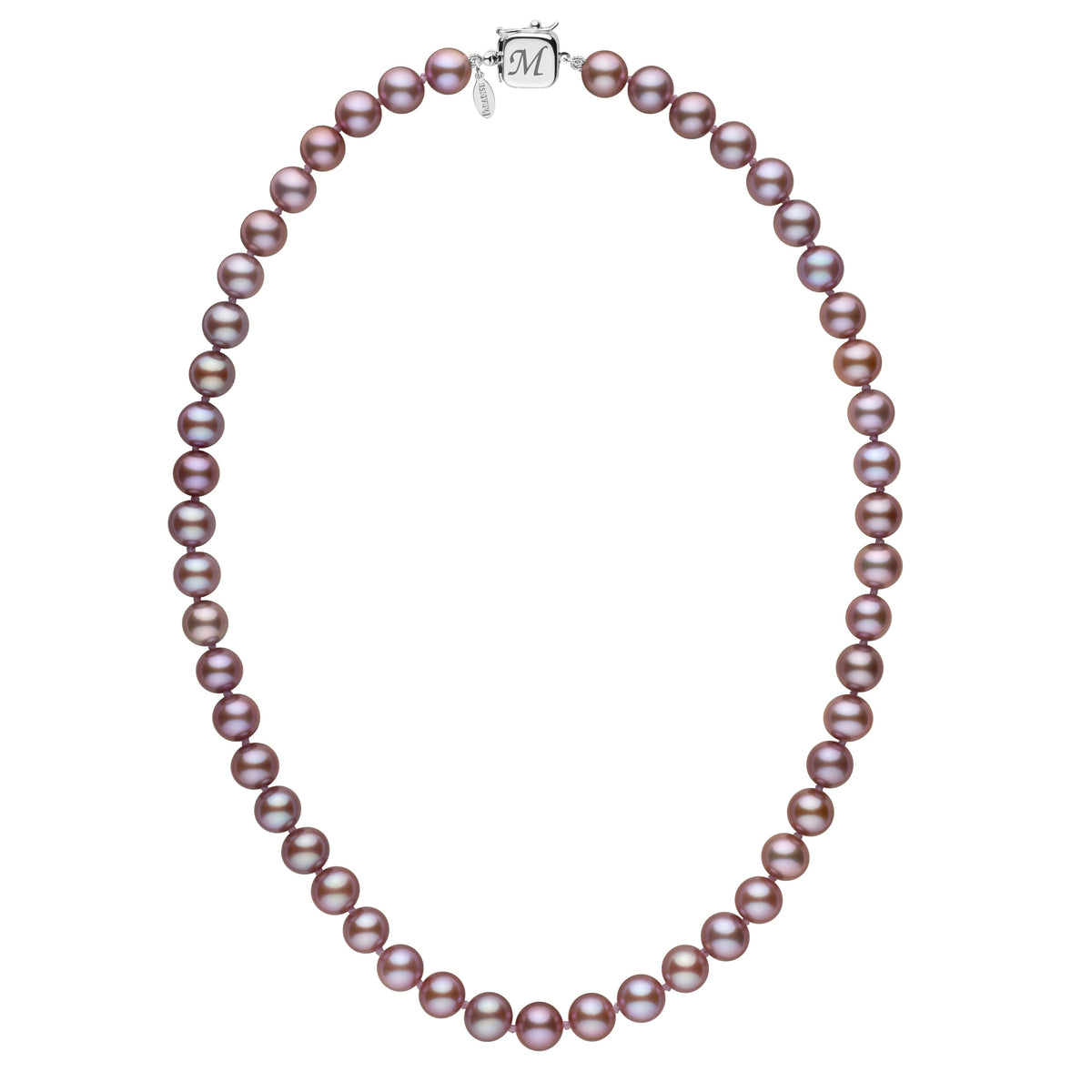 Personalized 7.5-8.0 mm Lavender Freshadama Freshwater Pearl Square Clasp Necklace with round lavender freshwater pearls and a 14K white gold square clasp engraved with the letter M.