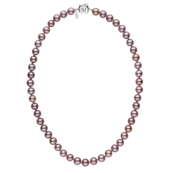Personalized 7.5-8.0 mm Lavender Freshadama Freshwater Pearl Square Clasp Necklace with round lavender freshwater pearls and a 14K white gold square clasp engraved with the letter M.