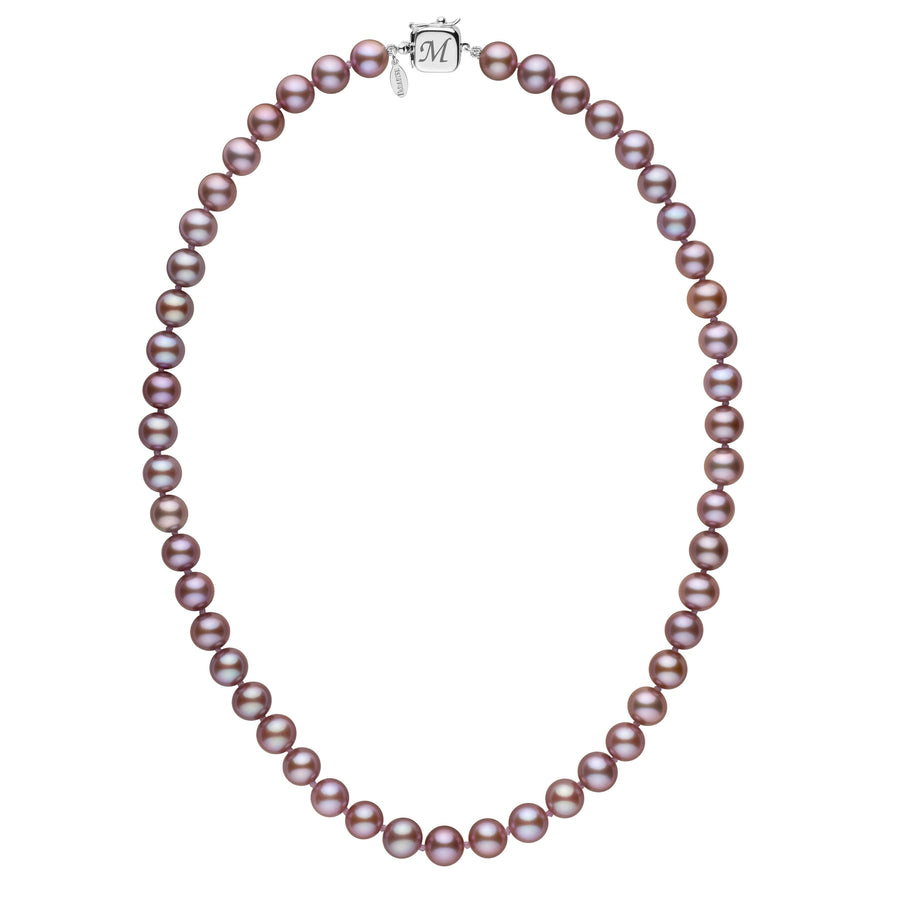 Personalized 7.5-8.0 mm Lavender Freshadama Freshwater Pearl Square Clasp Necklace with round lavender freshwater pearls and a 14K white gold square clasp engraved with the letter M.