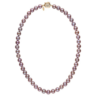 Elegant strand of lavender freshwater pearls featuring a personalized square clasp with initial engraving, showcasing the Personalized 7.5-8.0 mm Lavender Freshadama Freshwater Pearl Square Clasp Necklace.