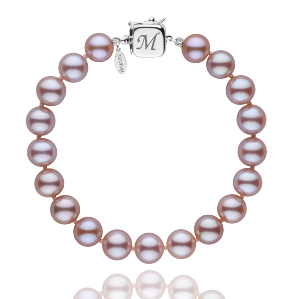 Personalized 8.5-9.0 mm Lavender Freshadama Freshwater Pearl Square Clasp Bracelet featuring round lavender freshwater pearls and a 14K white gold square clasp engraved with the letter M.