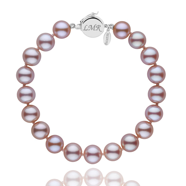 Personalized 8.5-9.0 mm Lavender Freshadama Freshwater Pearl Circle Clasp Bracelet featuring lustrous lavender freshwater pearls and a polished engraved circle clasp for elegant wear.