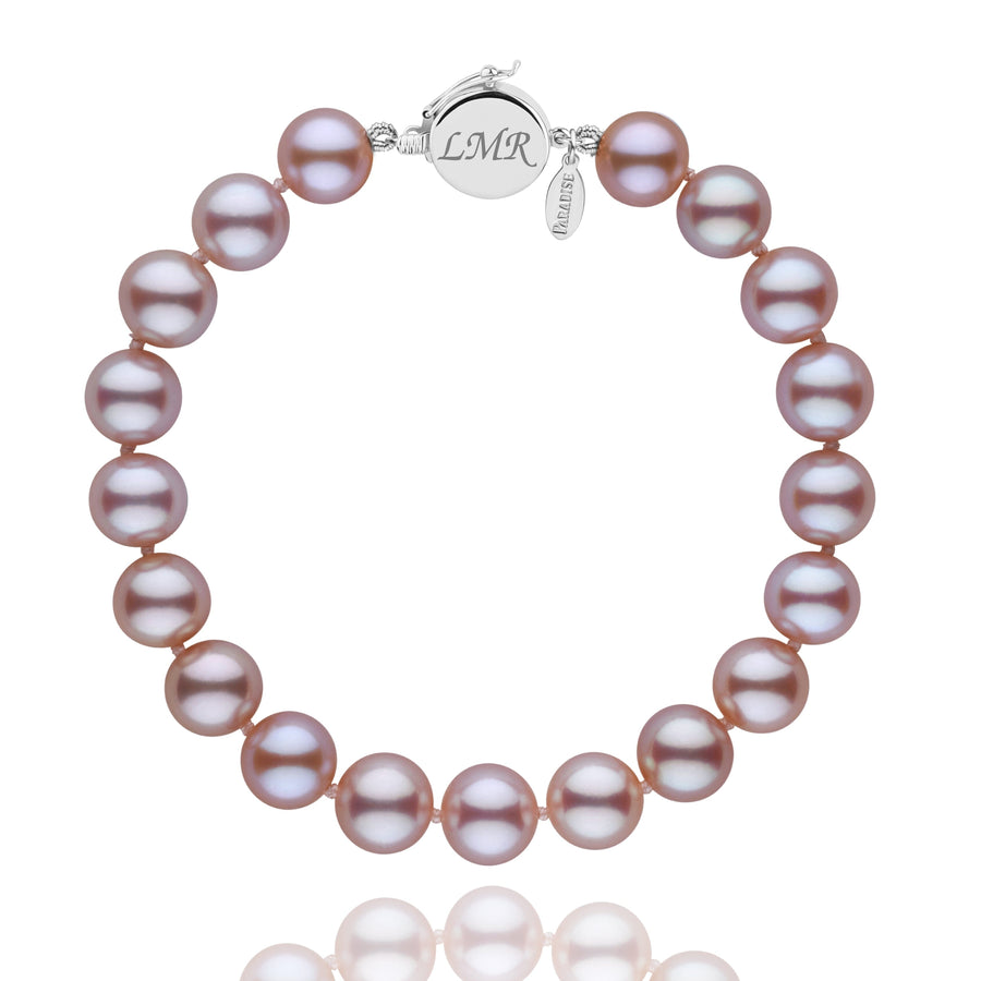 Personalized 8.5-9.0 mm Lavender Freshadama Freshwater Pearl Circle Clasp Bracelet featuring lustrous lavender freshwater pearls and a polished engraved circle clasp for elegant wear.