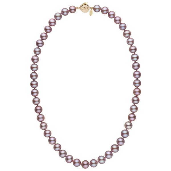 Personalized 8.5-9.0 mm Lavender Freshadama Freshwater Pearl Circle Clasp Necklace featuring lustrous lavender pearls with a gold circle clasp and custom engraving.