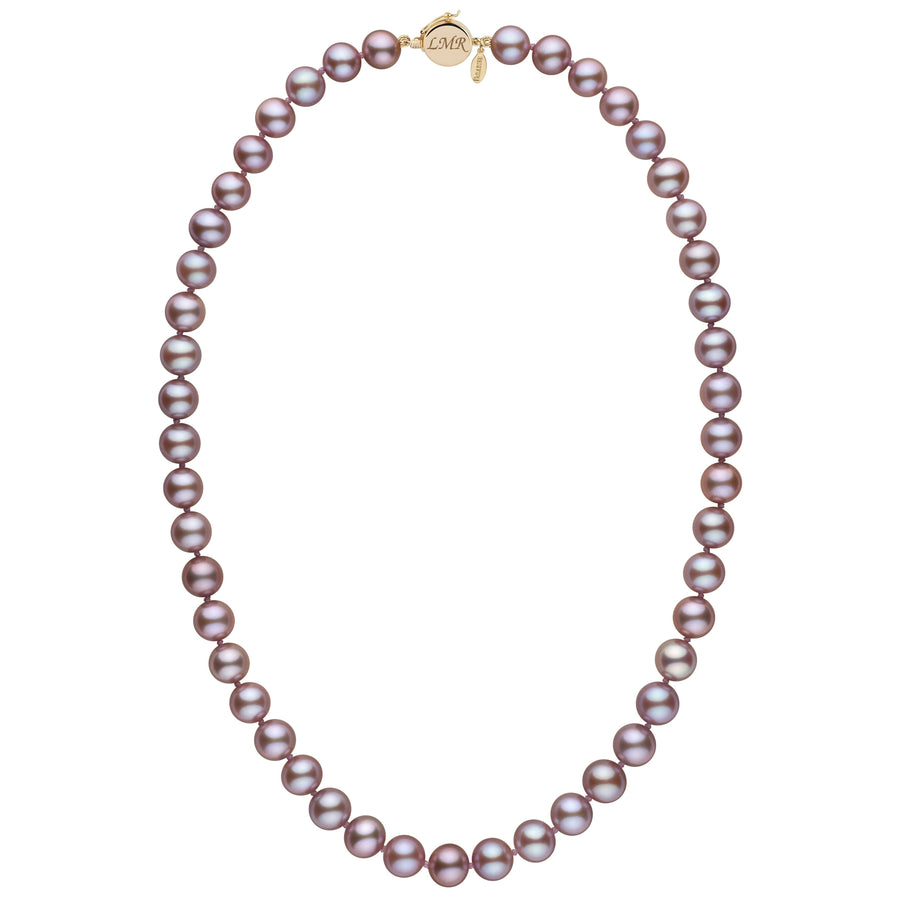 Personalized 8.5-9.0 mm Lavender Freshadama Freshwater Pearl Circle Clasp Necklace featuring lustrous lavender pearls with a gold circle clasp and custom engraving.