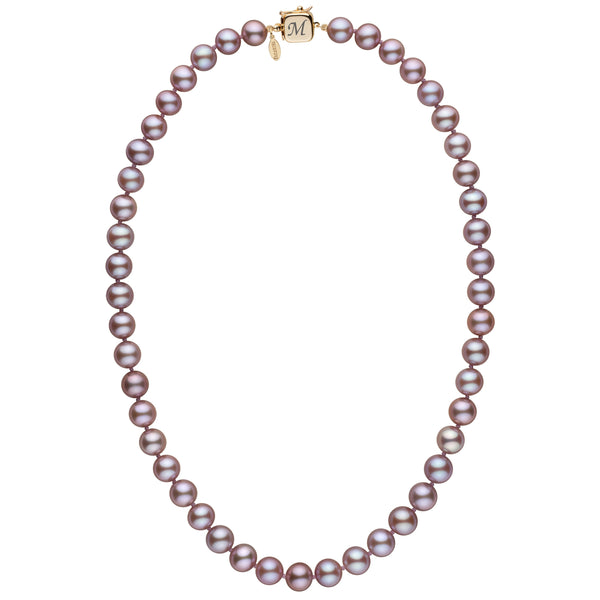 Personalized 8.5-9.0 mm Lavender Freshadama Freshwater Pearl Square Clasp Necklace featuring lustrous lavender freshwater pearls with a gold square clasp and custom initial engraving.
