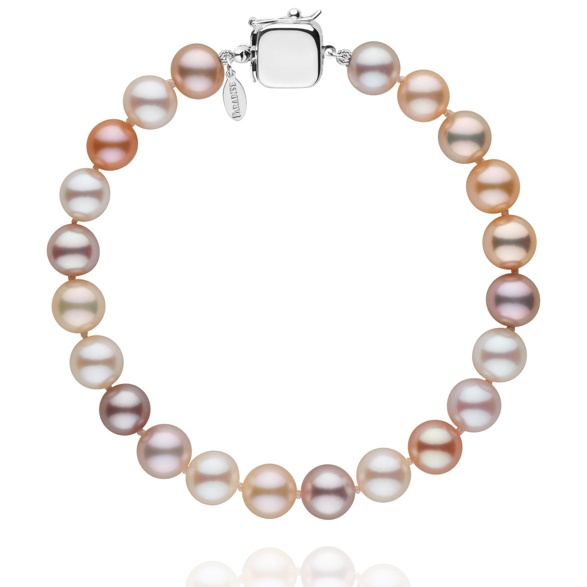 Personalized 7.5-8.0 mm Multicolor Freshadama Freshwater Pearl Square Clasp Bracelet featuring a variety of cultured freshwater pearls in soft pink, lavender, peach, and cream tones with a polished square clasp.
