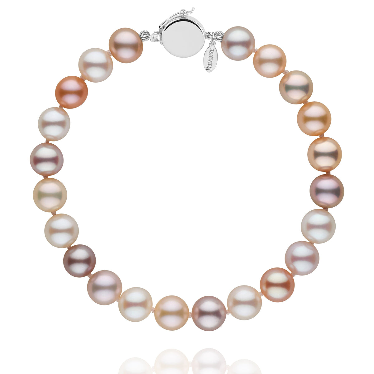Personalized 7.5-8.0 mm Multicolor Freshadama Freshwater Pearl Circle Clasp Bracelet featuring a mix of white, pink, lavender, and peach pearls with a 14K white gold circle clasp.