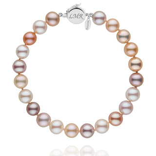 Personalized 7.5-8.0 mm Multicolor Freshadama Freshwater Pearl Circle Clasp Bracelet featuring lustrous multicolor freshwater pearls and a polished 14K white gold circle clasp with custom engraving.