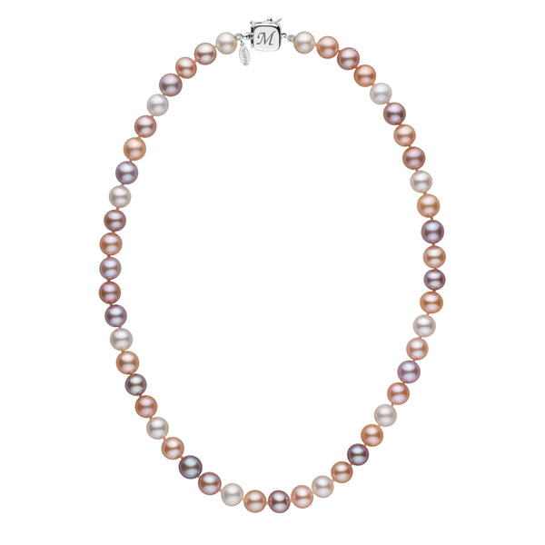 Personalized 7.5-8.0 mm Multicolor Freshadama Freshwater Pearl Square Clasp Necklace featuring natural multicolor freshwater pearls with a 14K white gold square clasp engraved with a custom initial.