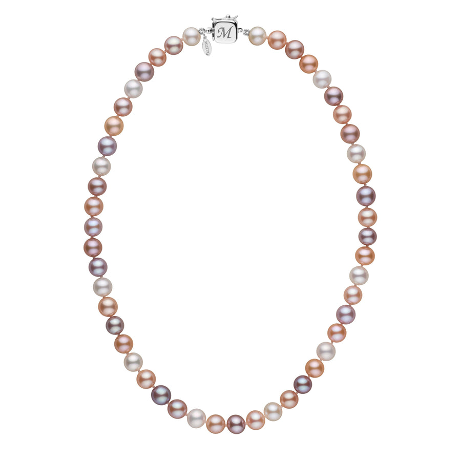 Personalized 7.5-8.0 mm Multicolor Freshadama Freshwater Pearl Square Clasp Necklace featuring natural multicolor freshwater pearls with a 14K white gold square clasp engraved with a custom initial.