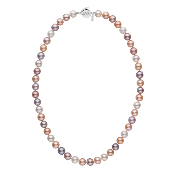 Personalized 7.5-8.0 mm Multicolor Freshadama Freshwater Pearl Circle Clasp Necklace featuring lustrous pearls in shades of white, pink, lavender, and peach with a 14K white gold circle clasp.