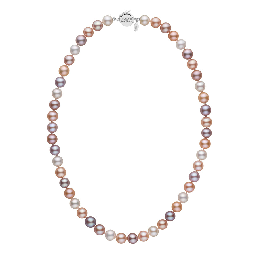 Personalized 7.5-8.0 mm Multicolor Freshadama Freshwater Pearl Circle Clasp Necklace featuring lustrous pearls in shades of white, pink, lavender, and peach with a 14K white gold circle clasp.