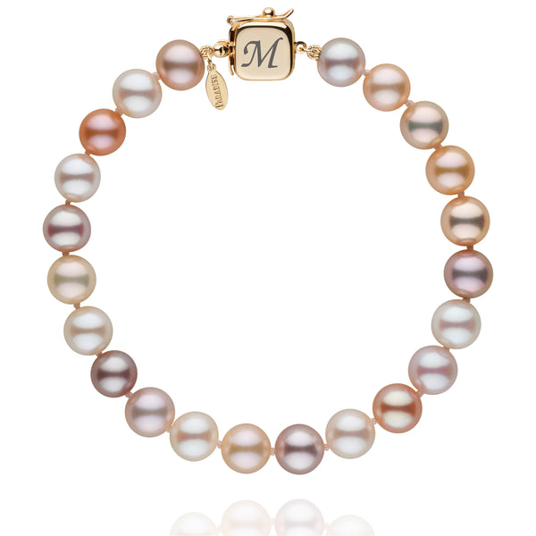 Personalized 7.5-8.0 mm Multicolor Freshadama Freshwater Pearl Square Clasp Bracelet featuring lustrous multicolored pearls and a gold square clasp engraved with an initial.