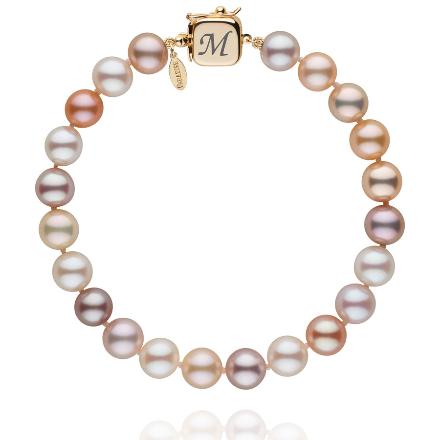 Personalized 7.5-8.0 mm Multicolor Freshadama Freshwater Pearl Square Clasp Bracelet featuring lustrous multicolored pearls and a gold square clasp engraved with an initial.