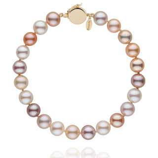 Personalized 7.5-8.0 mm Multicolor Freshadama Freshwater Pearl Circle Clasp Bracelet featuring various shades of cultured freshwater pearls with a polished gold clasp and a small engraved tag.