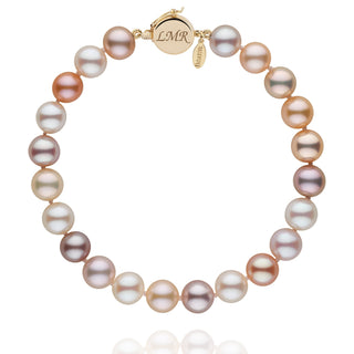 Personalized 7.5-8.0 mm Multicolor Freshadama Freshwater Pearl Circle Clasp Bracelet featuring lustrous round pearls in soft pastel shades with a gold circle clasp engraved with initials.