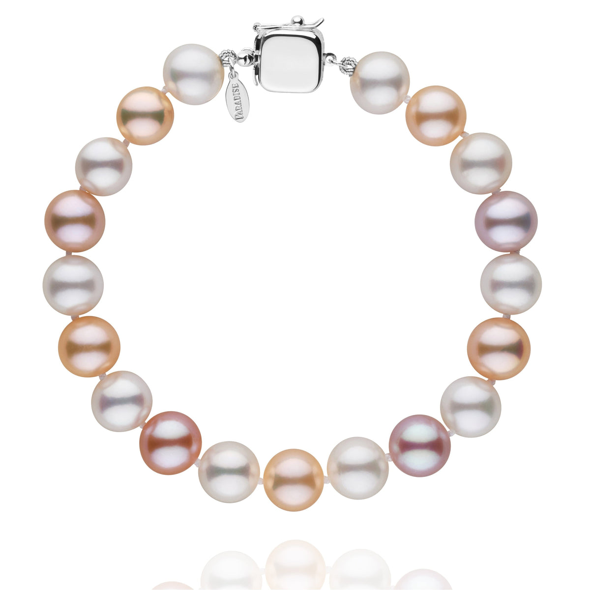Personalized 8.5-9.0 mm Multicolor Freshadama Freshwater Pearl Square Clasp Bracelet featuring lustrous pearls in shades of white, pink, peach, and lavender with a secure 14K white gold square clasp.