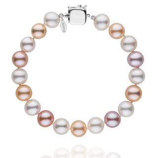 Personalized 8.5-9.0 mm Multicolor Freshadama Freshwater Pearl Square Clasp Bracelet featuring lustrous pearls in shades of white, pink, peach, and lavender with a secure 14K white gold square clasp.