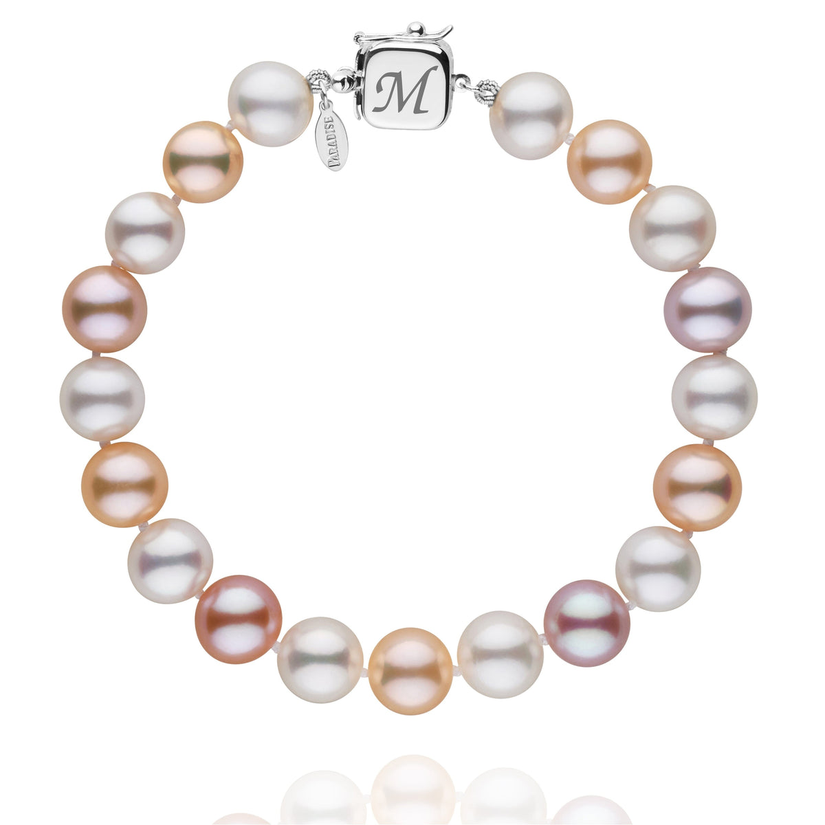 Personalized 8.5-9.0 mm Multicolor Freshadama Freshwater Pearl Square Clasp Bracelet featuring a variety of freshwater pearls in soft pink, white, peach, and lavender hues with a 14K white gold square clasp engraved with the letter M.