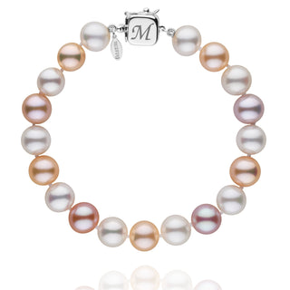 Personalized 8.5-9.0 mm Multicolor Freshadama Freshwater Pearl Square Clasp Bracelet featuring a variety of freshwater pearls in soft pink, white, peach, and lavender hues with a 14K white gold square clasp engraved with the letter M.