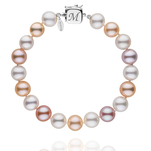 Personalized 8.5-9.0 mm Multicolor Freshadama Freshwater Pearl Square Clasp Bracelet featuring a variety of freshwater pearls in soft pink, white, peach, and lavender hues with a 14K white gold square clasp engraved with the letter M.