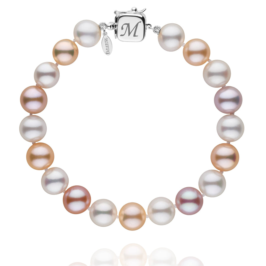 Personalized 8.5-9.0 mm Multicolor Freshadama Freshwater Pearl Square Clasp Bracelet featuring a variety of freshwater pearls in soft pink, white, peach, and lavender hues with a 14K white gold square clasp engraved with the letter M.