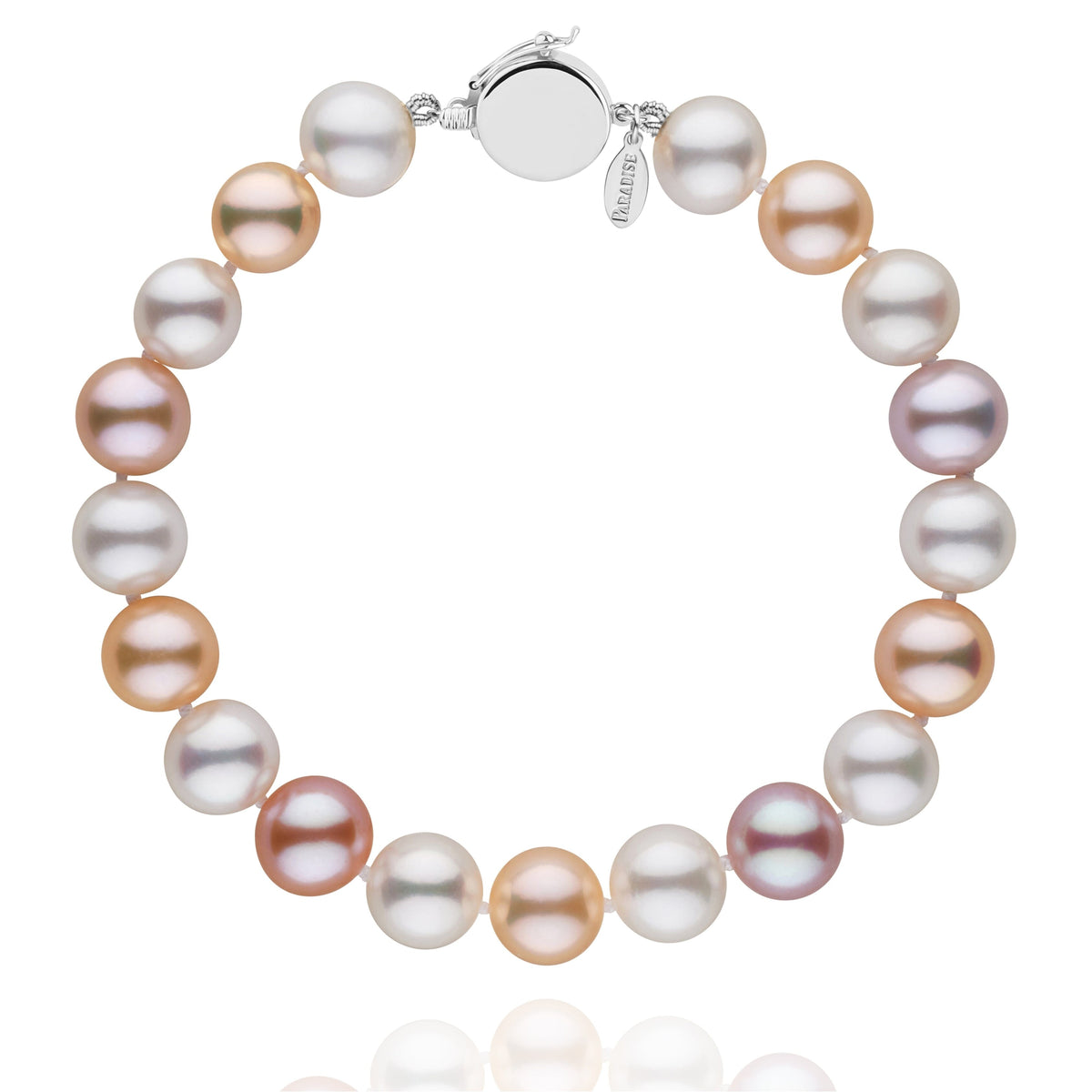Personalized 8.5-9.0 mm Multicolor Freshadama Freshwater Pearl Circle Clasp Bracelet featuring lustrous round pearls in cream, pink, and peach tones with a polished 14K white gold circle clasp.
