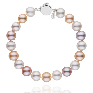 Personalized 8.5-9.0 mm Multicolor Freshadama Freshwater Pearl Circle Clasp Bracelet featuring lustrous round pearls in cream, pink, and peach tones with a polished 14K white gold circle clasp.