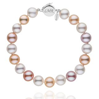 Personalized 8.5-9.0 mm Multicolor Freshadama Freshwater Pearl Circle Clasp Bracelet featuring lustrous round pearls in white, pink, lavender, and peach tones with a 14K white gold engraved clasp.