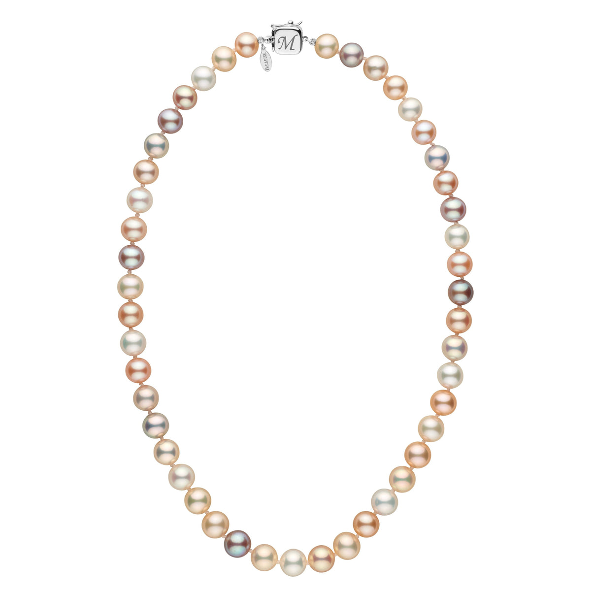 Personalized 8.5-9.0 mm Multicolor Freshadama Freshwater Pearl Square Clasp Necklace featuring lustrous round pearls in soft shades of white, cream, pink, and lavender with a polished square clasp.