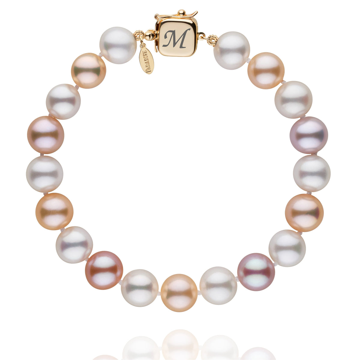 Personalized 8.5-9.0 mm Multicolor Freshadama Freshwater Pearl Square Clasp Bracelet featuring round multicolor freshwater pearls and a gold square clasp engraved with the letter M.