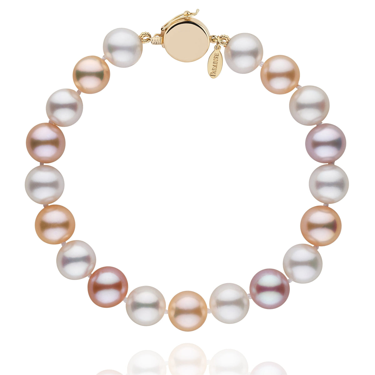Personalized 8.5-9.0 mm Multicolor Freshadama Freshwater Pearl Circle Clasp Bracelet featuring a range of soft pastel pearls in white, pink, lavender, and peach tones with a gold circle clasp.