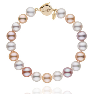 Personalized 8.5-9.0 mm Multicolor Freshadama Freshwater Pearl Circle Clasp Bracelet featuring luminous white, pink, lavender, and peach pearls with a gold engraved circular clasp.