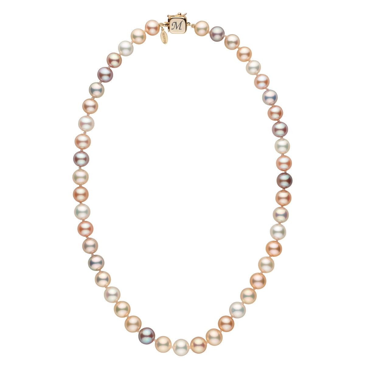Personalized 8.5-9.0 mm Multicolor Freshadama Freshwater Pearl Square Clasp Necklace featuring lustrous multicolor pearls with a gold square clasp engraved with an initial for a custom touch.