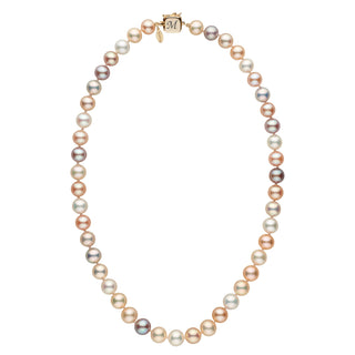 Personalized 8.5-9.0 mm Multicolor Freshadama Freshwater Pearl Square Clasp Necklace featuring lustrous multicolor pearls with a gold square clasp engraved with an initial for a custom touch.