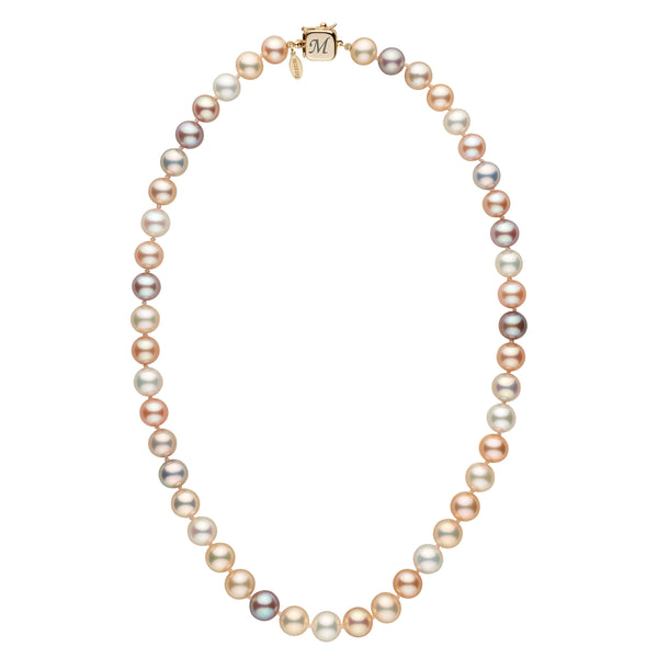 Personalized 8.5-9.0 mm Multicolor Freshadama Freshwater Pearl Square Clasp Necklace featuring lustrous multicolor pearls with a gold square clasp engraved with an initial for a custom touch.