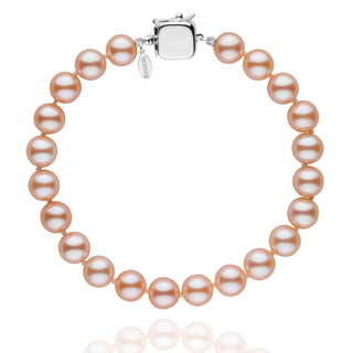 Personalized 7.5-8.0 mm Pink to Peach Freshadama Freshwater Pearl Square Clasp Bracelet featuring lustrous round pearls with a sleek 14K white gold square clasp for an elegant and timeless look.
