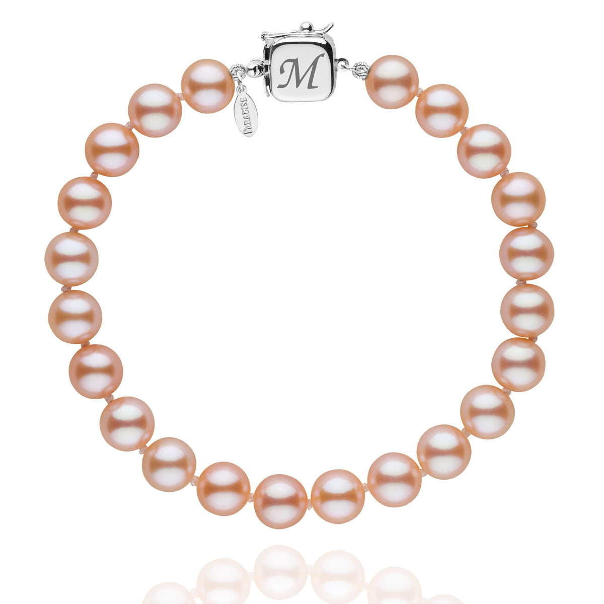 Personalized 7.5-8.0 mm Pink to Peach Freshadama Freshwater Pearl Square Clasp Bracelet featuring lustrous round pearls and a 14K white gold square clasp engraved with an initial.