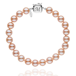Personalized 7.5-8.0 mm Pink to Peach Freshadama Freshwater Pearl Square Clasp Bracelet featuring lustrous round pearls and a 14K white gold square clasp engraved with an initial.