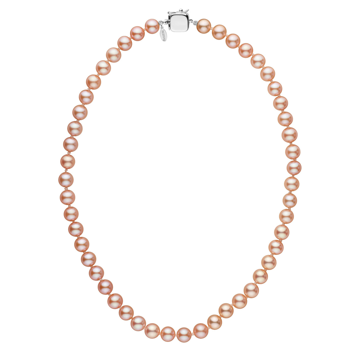 Personalized 7.5-8.0 mm Pink to Peach Freshadama Freshwater Pearl Square Clasp Necklace featuring a strand of pink and peach freshwater pearls with a square clasp for elegant style.