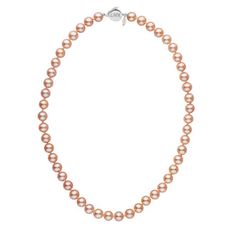 Personalized 7.5-8.0 mm Pink to Peach Freshadama Freshwater Pearl Circle Clasp Necklace featuring delicate round pink to peach freshwater pearls with a 14K white gold circle clasp.