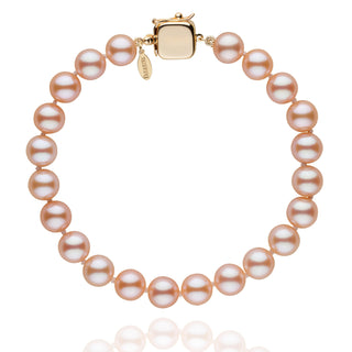 Personalized 7.5-8.0 mm Pink to Peach Freshadama Freshwater Pearl Square Clasp Bracelet with lustrous round pearls and elegant gold-toned square clasp, perfect fine pearl bracelet.