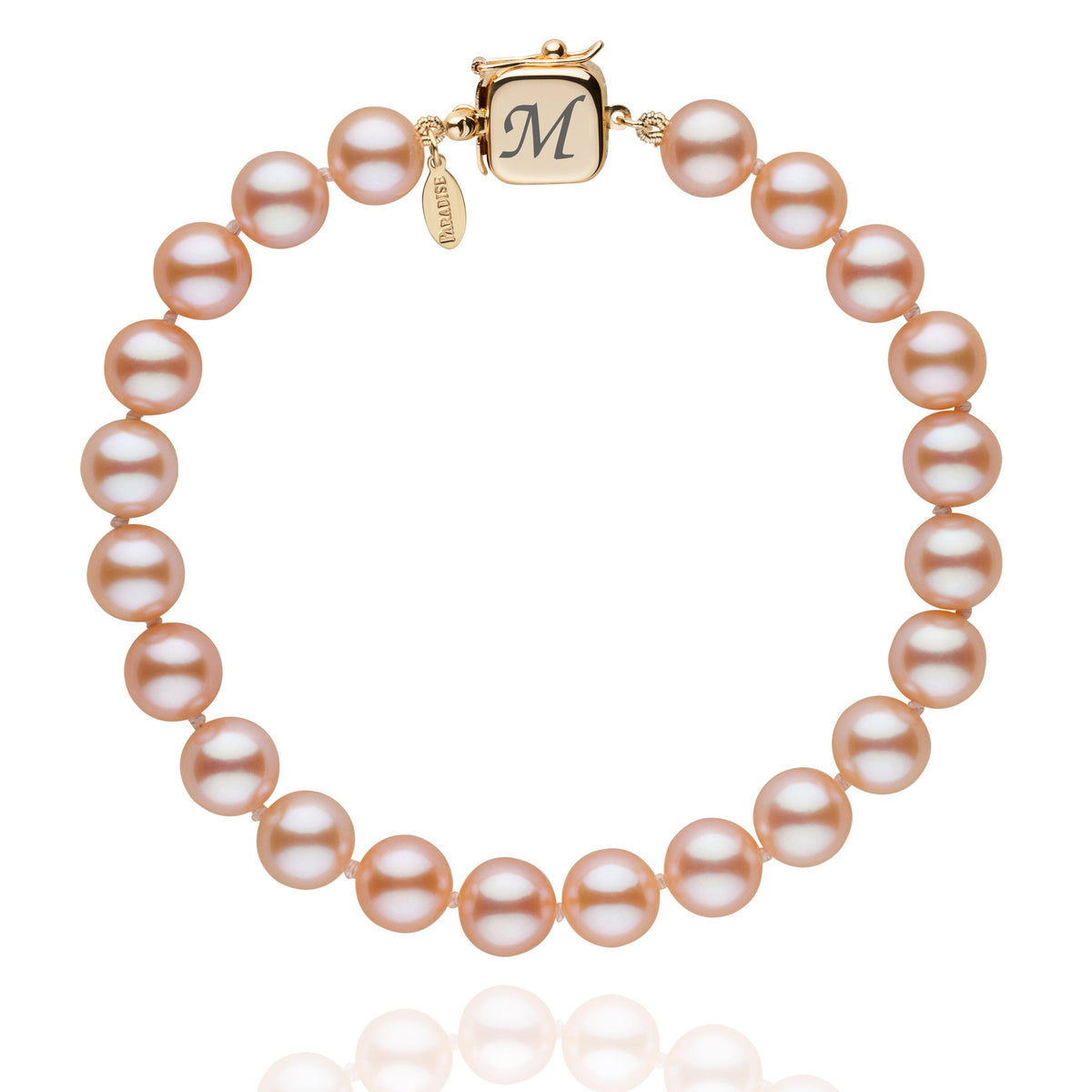Personalized 7.5-8.0 mm Pink to Peach Freshadama Freshwater Pearl Square Clasp Bracelet featuring lustrous round pearls with a gold square clasp engraved with the letter M.