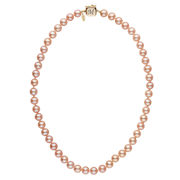 Personalized 7.5-8.0 mm Pink to Peach Freshadama Freshwater Pearl Square Clasp Necklace with lustrous round pearls and a gold square clasp featuring an engraved initial.