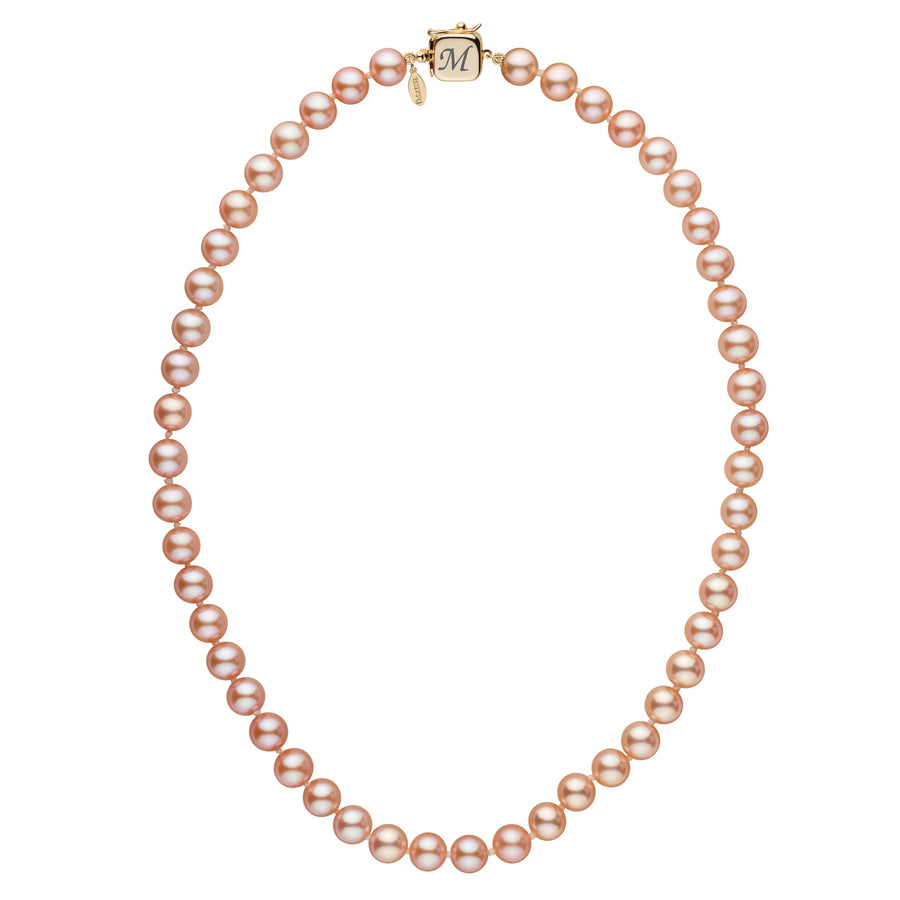 Personalized 7.5-8.0 mm Pink to Peach Freshadama Freshwater Pearl Square Clasp Necklace with lustrous round pearls and a gold square clasp featuring an engraved initial.
