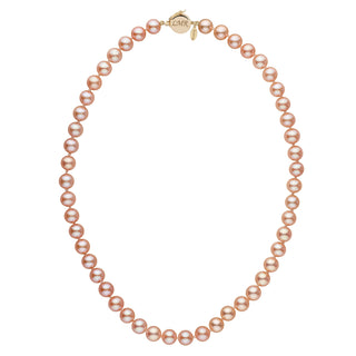 Personalized 7.5-8.0 mm Pink to Peach Freshadama Freshwater Pearl Circle Clasp Necklace featuring lustrous round pearls and a gold circle clasp with engraved initials.